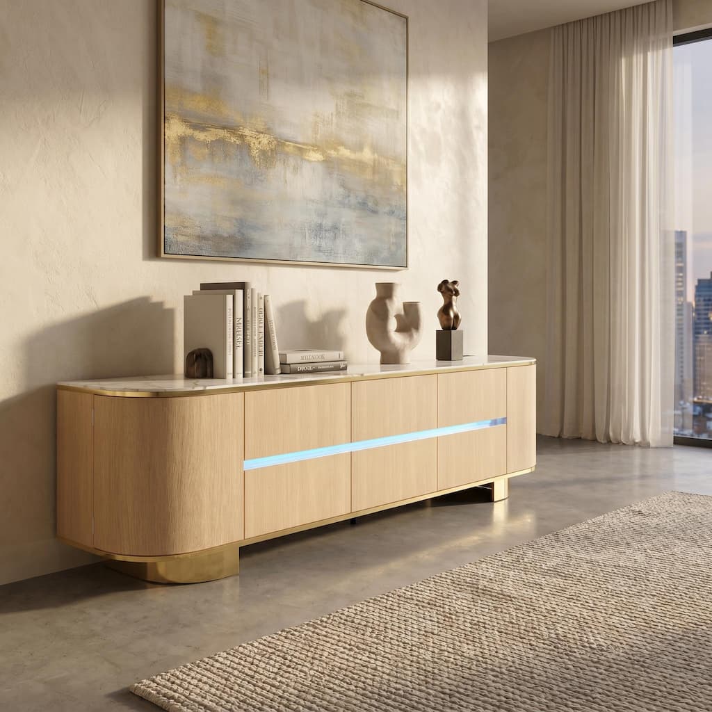 83" Modern Luxury TV Stand Charging Station High Gloss Marble Texture UV Top Media Console Entertainment Center with LED Lights