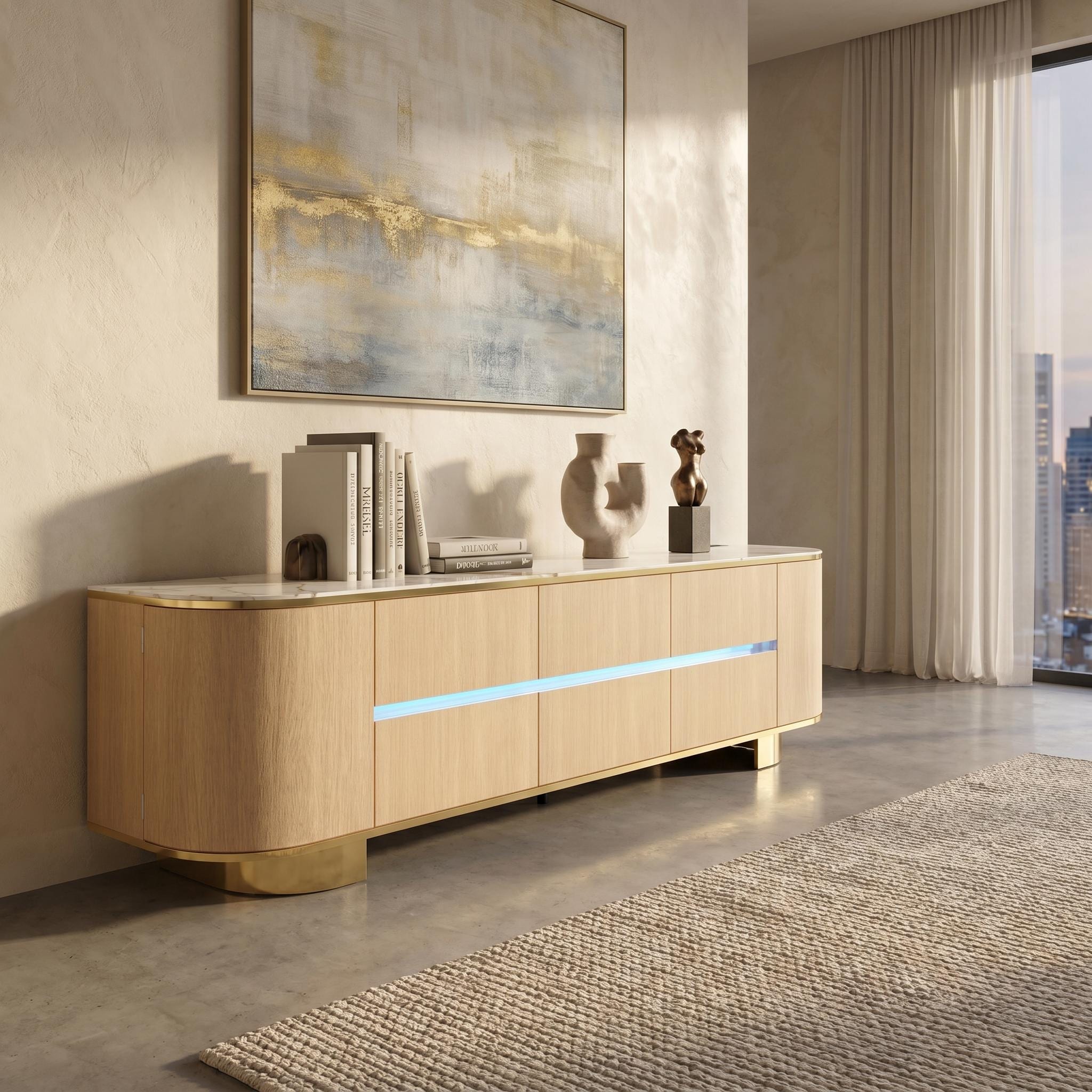 83" Modern Luxury TV Stand Charging Station High Gloss Marble Texture UV Top Media Console Entertainment Center with LED Lights