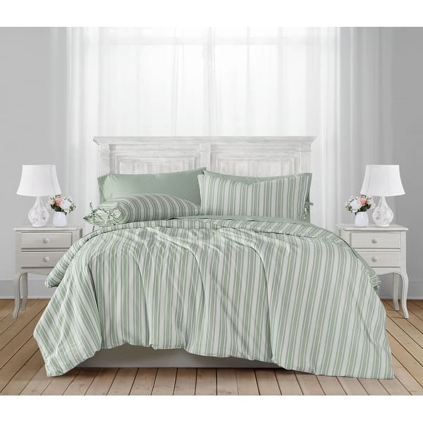 slide 2 of 7, The Farmhouse by Rachel Ashwell Wide Ticking Stripe 3 Piece Duvet Cover Set Full - Queen - White/Green
