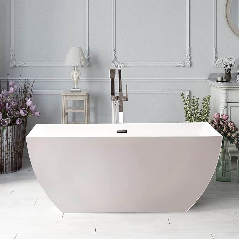 Vanity Art 59 x 30 Inch Freestanding Acrylic Soaking Bathtub with Slotted Overflow & Pop-up Drain