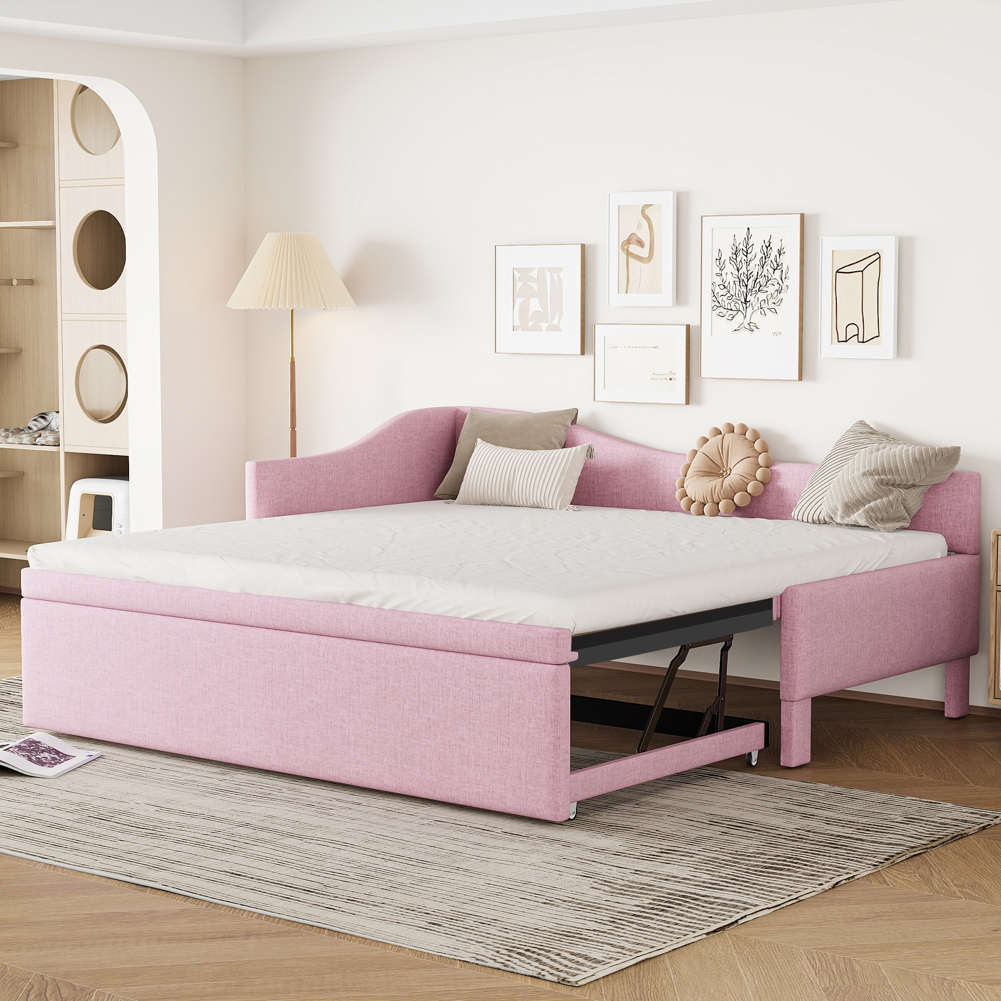 L-Shaped Daybed Twin To King Upholstered Daybed with Pop Up Trundle Linen & Wood Bed Frame for for Youth Teens or Adults