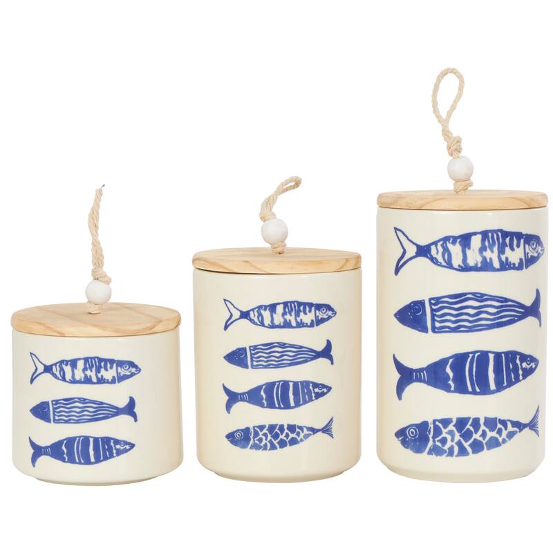 Cream or Blue Ceramic Canisters with Brown Wood Lids and Beaded Accents (Set of 3)