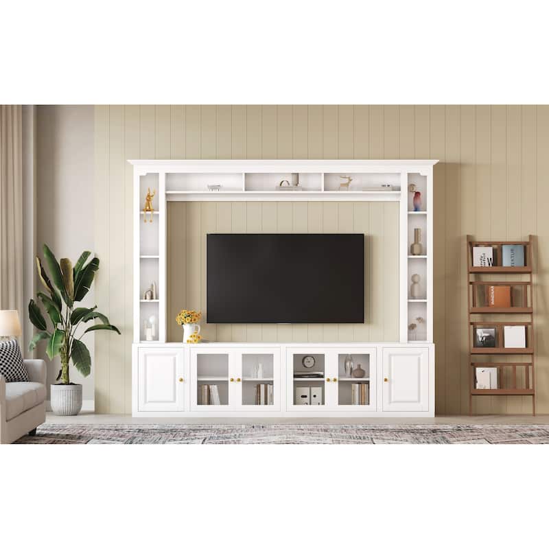 Entertainment Center Wall Unit Set with Bookshelves, Large 92" TV Stand with Glass Doors & Adjustable Shelves, for TVs Up to 80"
