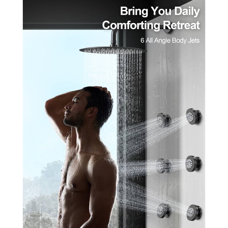 GRANDJOY Shower Faucet System 12" Wall Mount Rainfall Shower Head Body Jets Handheld Spray with Hose Thermostatic