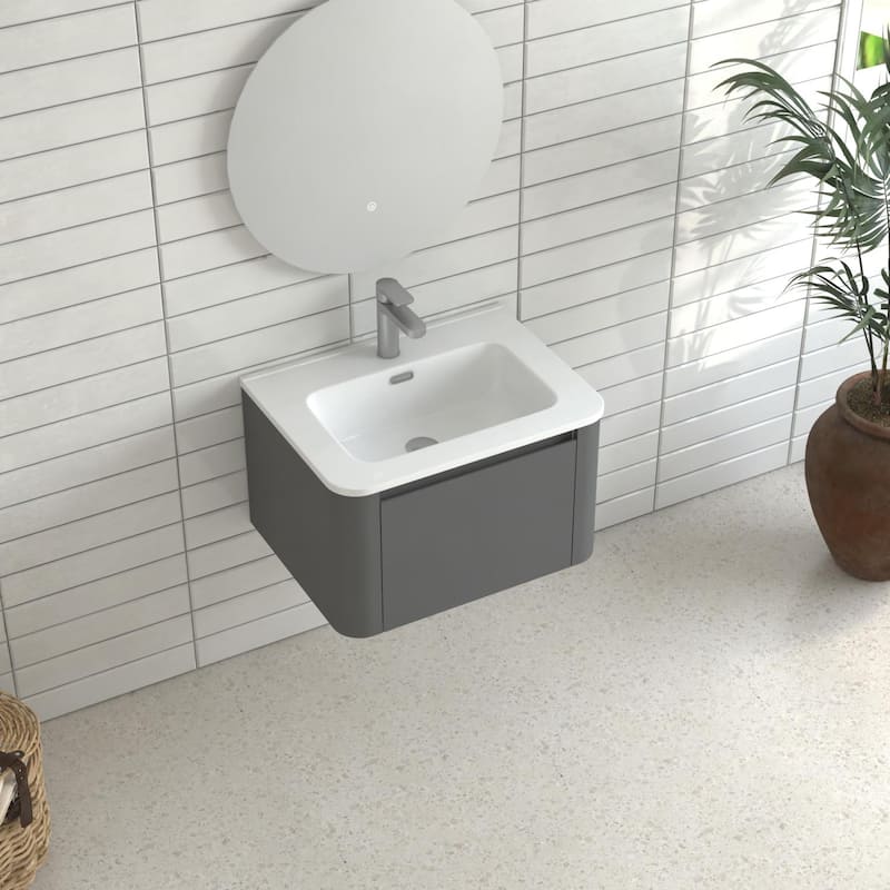 24" Grey Wall Mounted Bathroom Vanity with Basin Floating Vanity Drawer Bathroom Cabinet with White Ceramic Integrated Basin