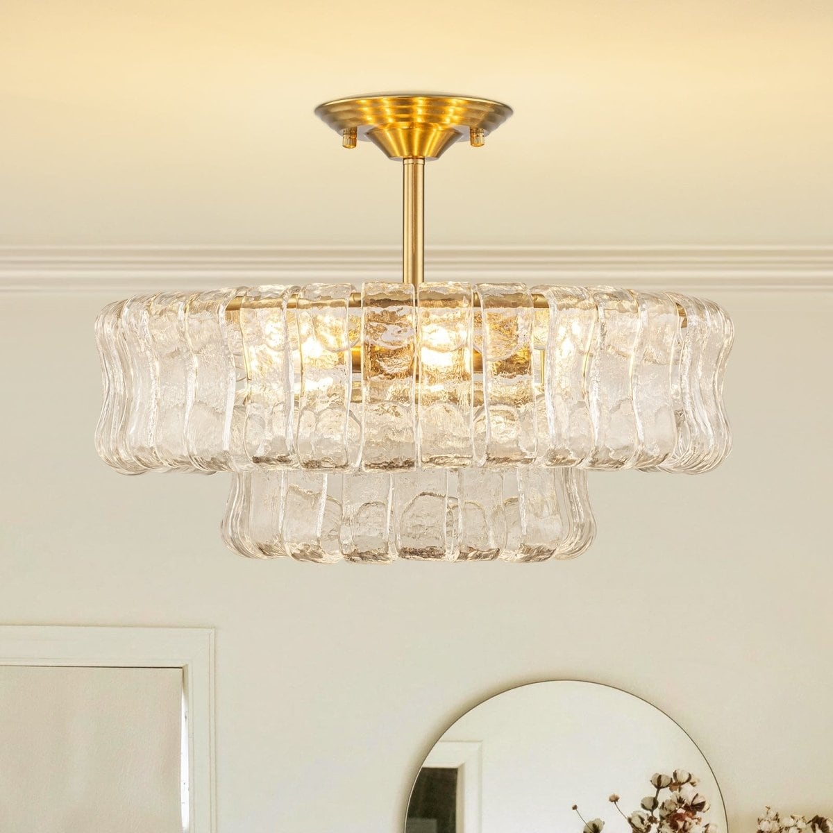 6-Light Tiered Semi-Flush Mount Water Rippled Glass Round Ceiling Fixture Dining Kitchen - 17.3 in