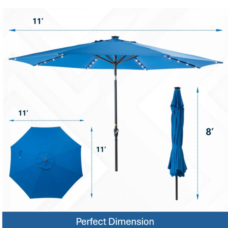 11 Feet Blue Solar LED Patio Umbrella with Crank Lift , Tilt, 8 Ribs (Without base)