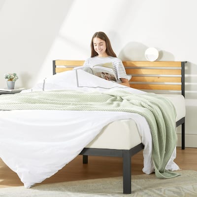 KASI Metal Platform Bed with Pine Wood Headboard Shelf By Crown Comfort