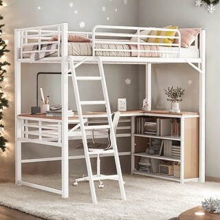 Contemporary Full Size Metal Loft Bed with 3 Layers of Shelves and L-shaped Desk, Versatility galore, Maximized space, White