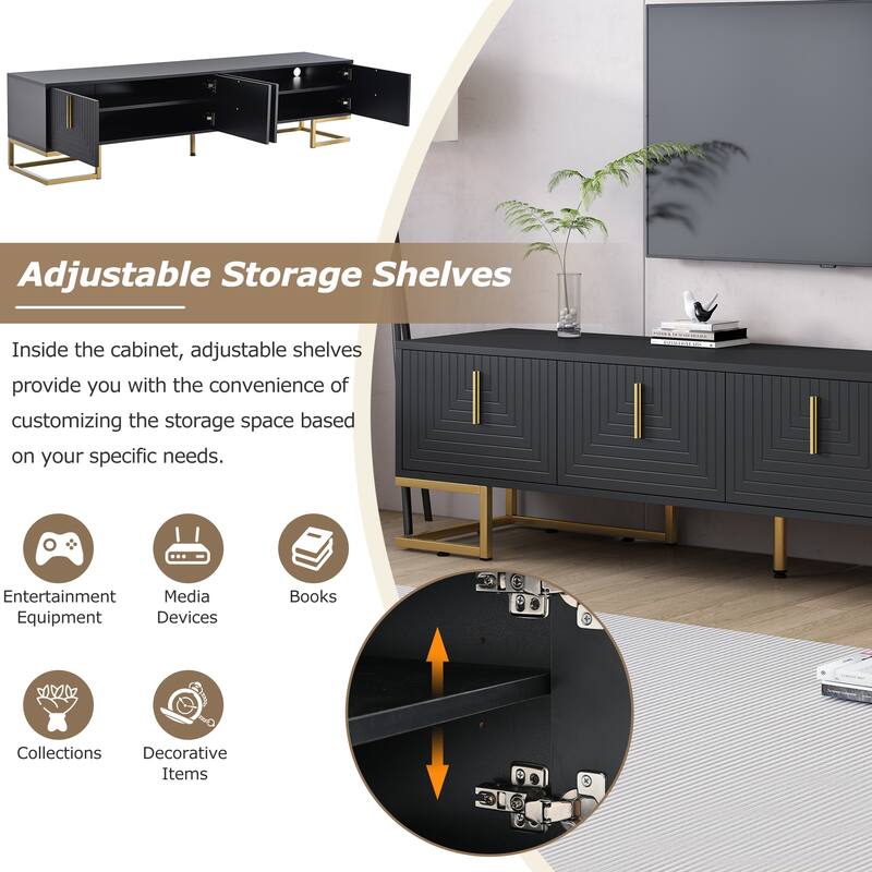 Geometric Lines TV Stand with Metal Legs, Gold Handles for TVs Up to 80", Wood Media Console Table w/ Cabinets for Home