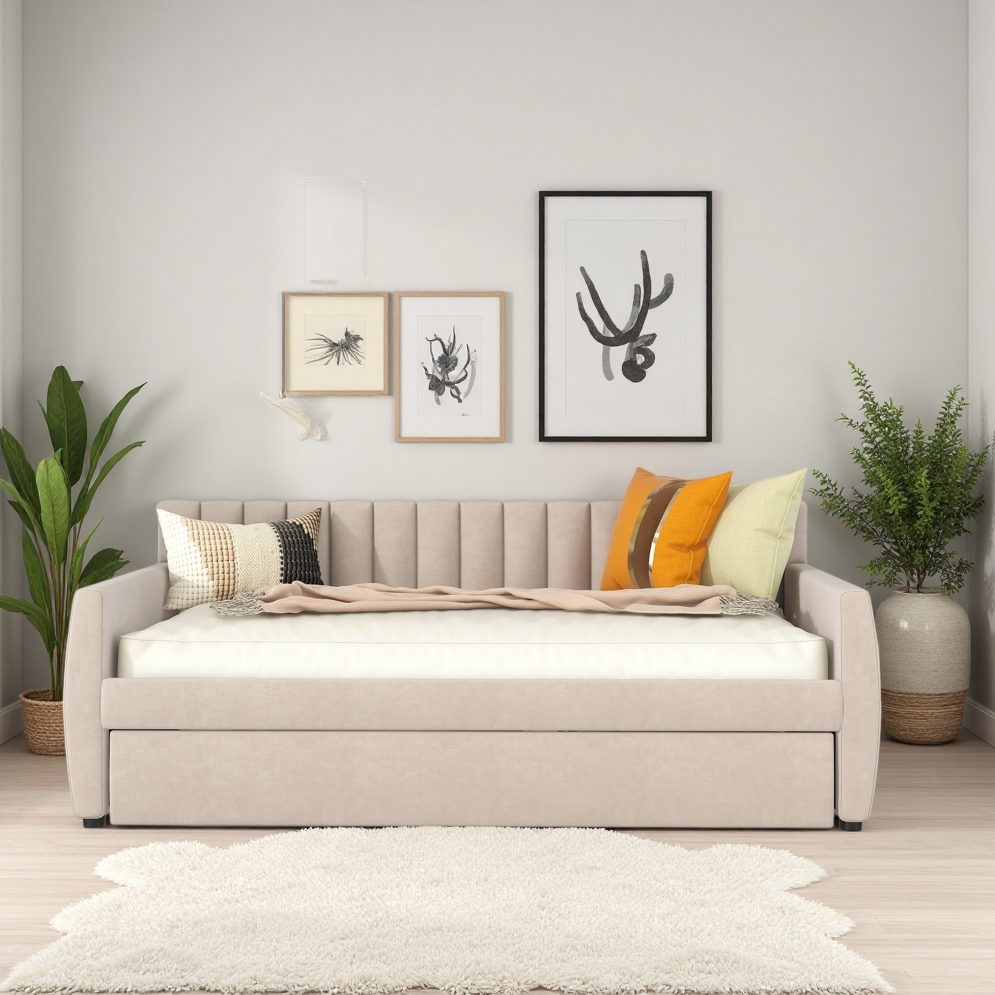 Full Size Upholstered Daybed with Trundle, and Wood Slat Support