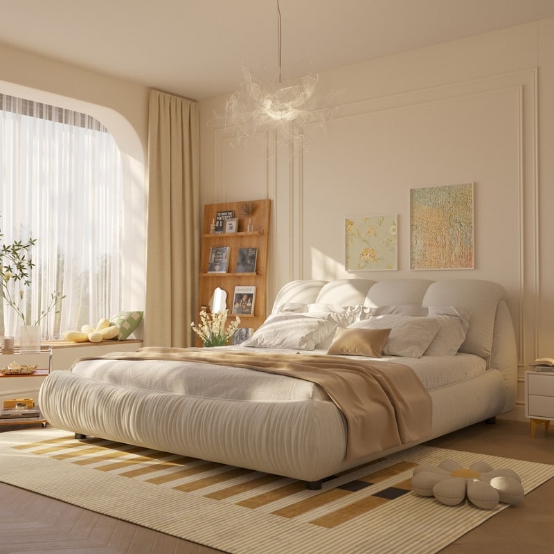 Queen King Size Upholstered Platform Bed with Oversized Padded Backrest Low Profile Bed Frame Floor Bed with Thickening Slats On Sale Bed Bath Beyond 40134767