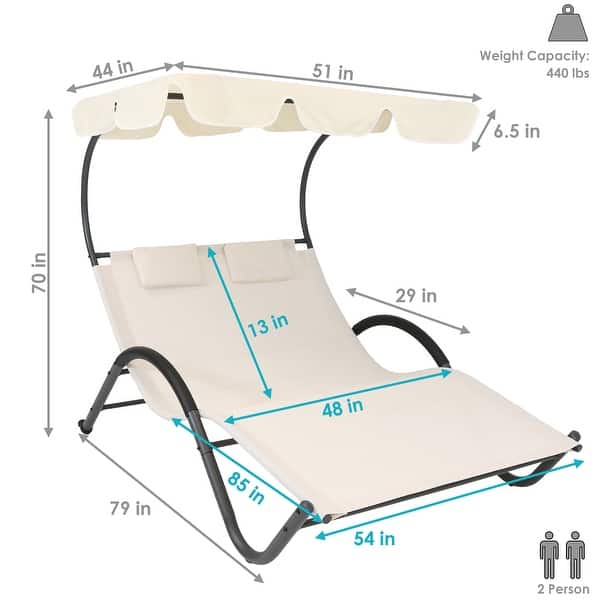Sunnydaze Double Chaise Lounge with Canopy Shade and Headrest Pillows