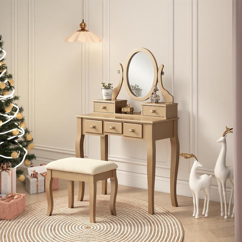 Roundhill Furniture Copper Grove Watt Wood Makeup Vanity Table and Stool Set