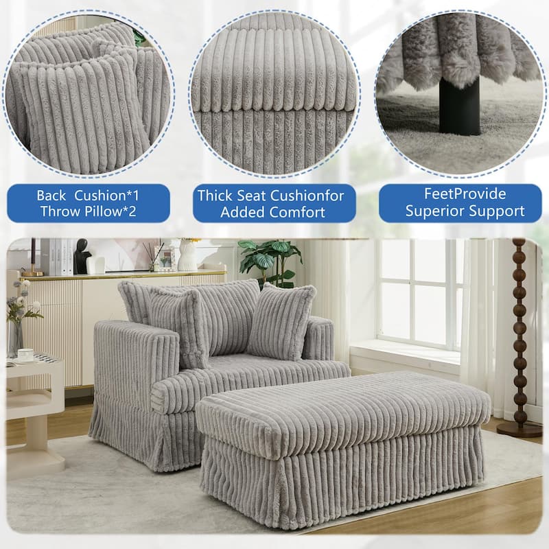 Deep Seat Sofa Chair & Ottoman Set, Corduroy Single Chaise Longue Reclining Couch with Thicked Upholstered, Pillows and Skirted