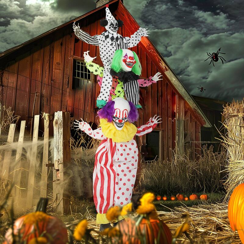 Outsunny Life Size Stackable Halloween Animatronics Clown with Red Light Up Eyes, Sound Activated Scary Clown Decorations