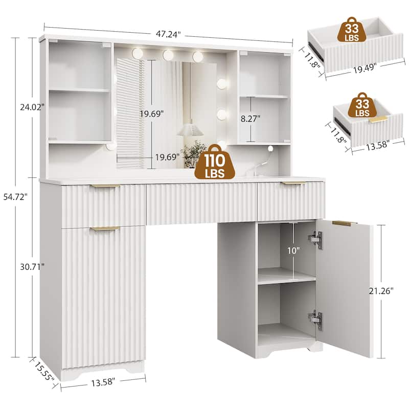 47" Modern Makeup Vanity Desk with Mirror and Large Cabinets, Dressing Table