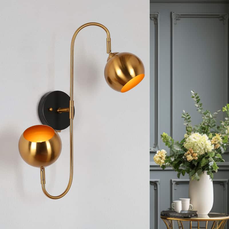 Modern Black Gold 2-Light Metal Dome Wall Sconces Dimmable Bathroom Vanity Lights - 13.5"L x 10.5"W x 19.5"H