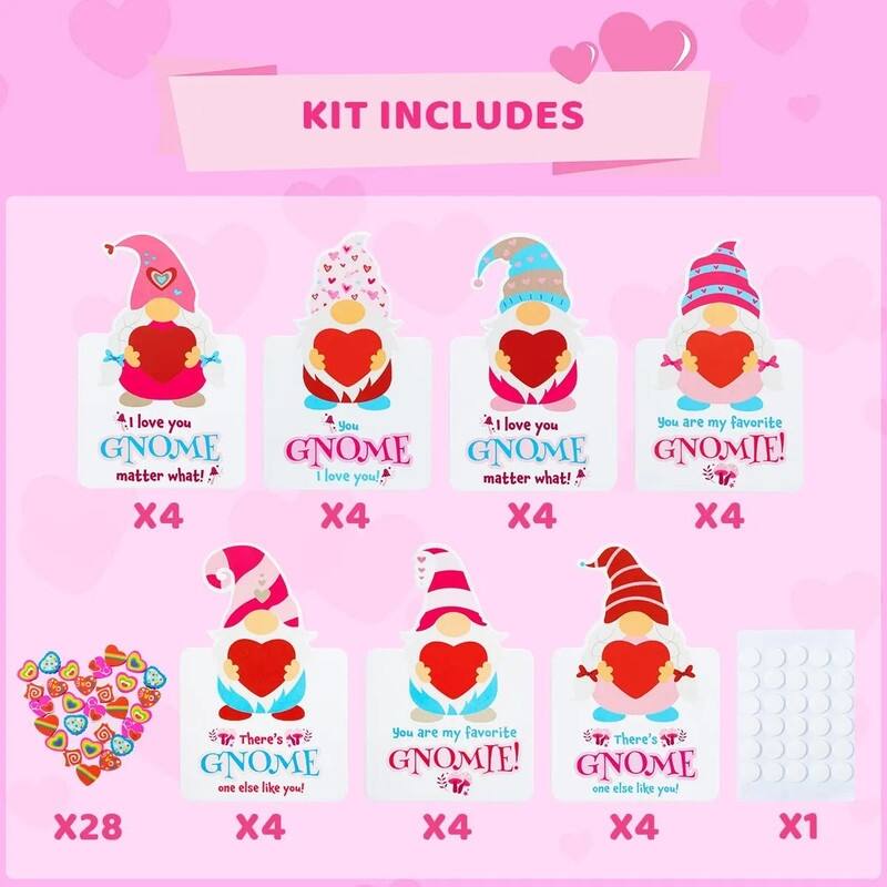 28 Packs Gnomes Heart Kids Valentines Cards with Erasers for Kids' Valentine's Classroom Exchanges and Party Favors. - Multi
