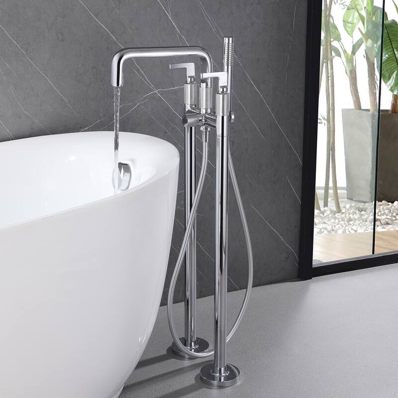 33" H Solid Brass Floor Mounted Freestanding Tub Faucet with Hand Shower and Diverter