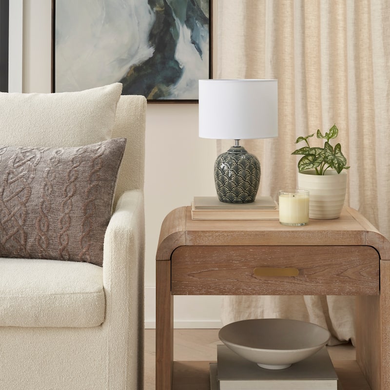 Nourison 13" Grey Carved Motif Ceramic Table Lamp