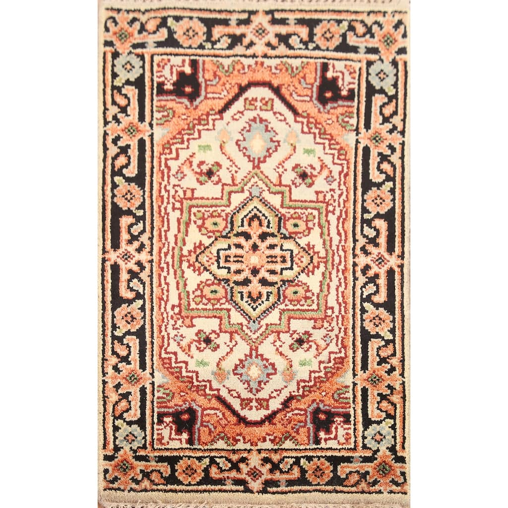 Hand Knotted Oriental 100% Wool Carpet Traditional Medallion Beige & Ivories Heriz (serapi) Area Rug - 3' 0'' X 2' 0''