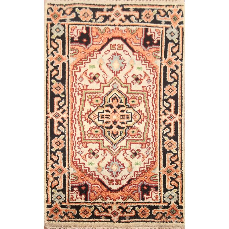 Hand Knotted Oriental 100% Wool Carpet Traditional Medallion Beige & Ivories Heriz (serapi) Area Rug - 3' 0'' X 2' 0''