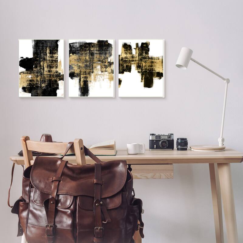 Stupell Bold Black Brushstrokes Golden Distressed Accent, 3pc Multi Piece Wood Wall Art Set, 10