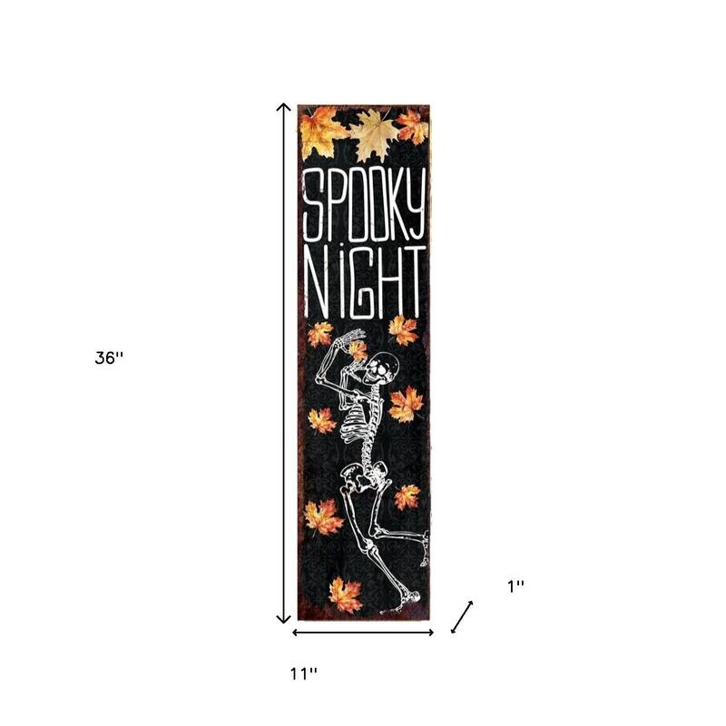 HomeRoots 36" Black Orange And White Solid Wood Spooky Halloween Skeleton Porch Sign