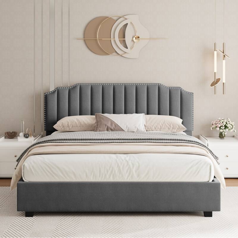 Modern Queen Size Velvet Upholstered Platform Bed for Bedroom - Grey