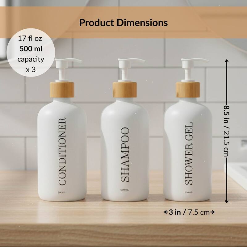 Set of 3 Refillable Shower Dispensers 17 fl oz (500ml) - 3 L x 3 W x 8.5 H