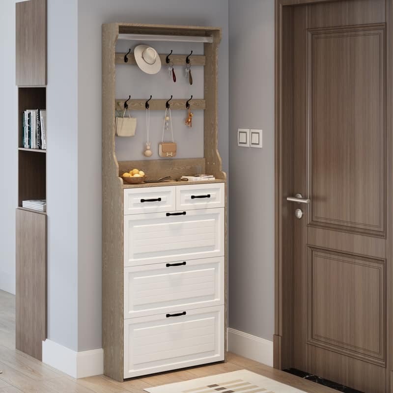 Modern Shoe Cabinet with 3 Doors 2 Drawers with Hanger