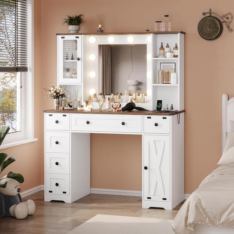 Makeup Vanity Desk with Large Hollywood Mirrors and Lights Bulb