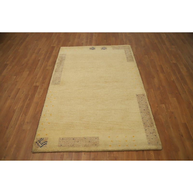 Hand Knotted Oriental 100% Wool Carpet Modern Bordered Beige & Ivories Gabbeh Area Rug - 6' 0'' X 4' 1''