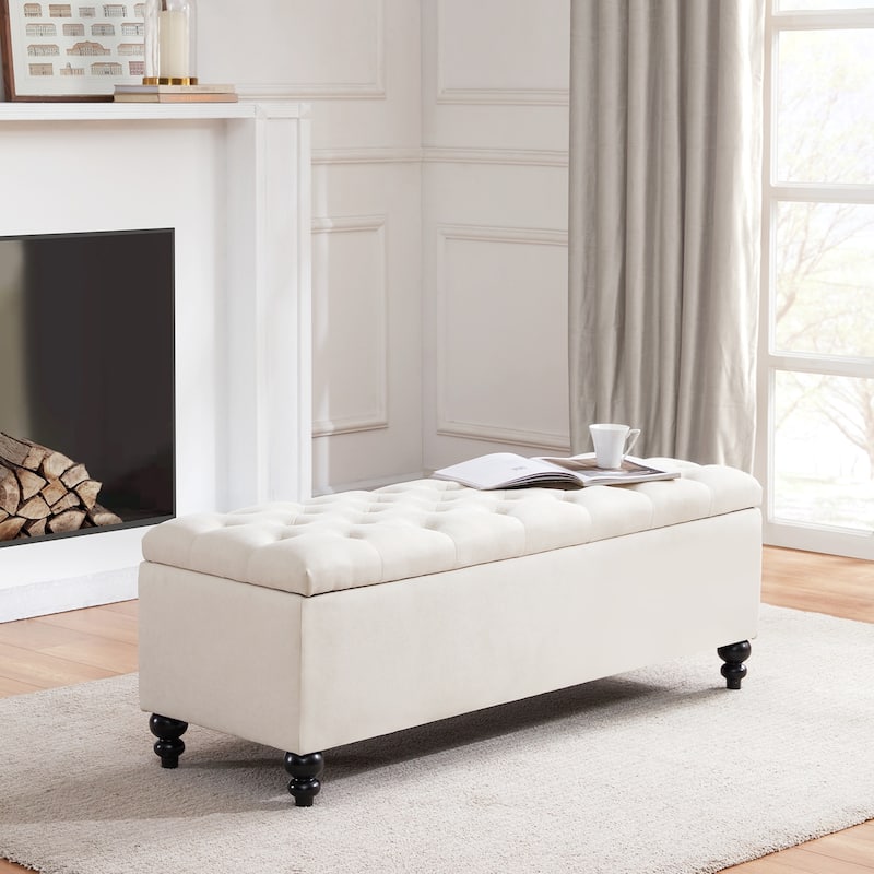 Button-Tufted Storage Bench Ottoman with Solid Wood Legs for Bedroom 50"W x 17.5"D x 18"H - Beige