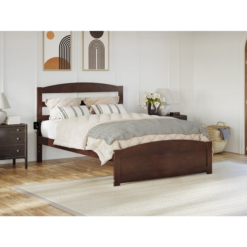 Full Platform Bed - Walnut Finish, USB Charger, Modern Design, Solid Wood Frame, Easy Assembly