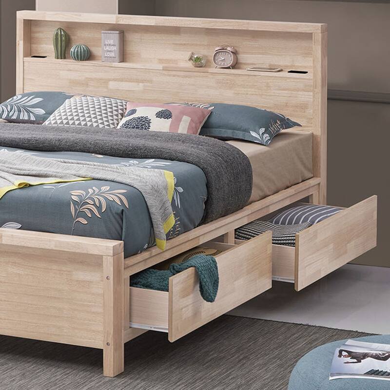 Furniture of America Iloria Modern White Oak Solid Wood Plaform Bed with USB Ports, Shelf and Drawers