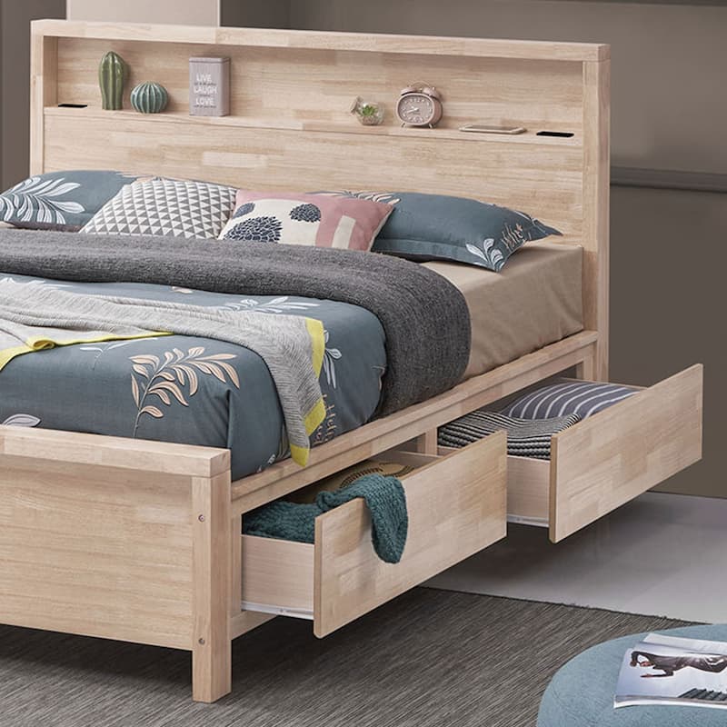 Furniture of America Iloria White Oak Solid Wood Kids Plaform Bed with USB Ports, Shelf and Drawers