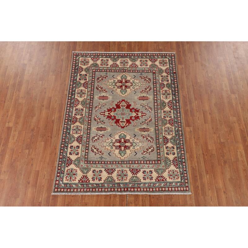 Grey Traditional Kazak Oriental Area Rug Hand-Knotted Wool Carpet - 5'0" x 6'8"