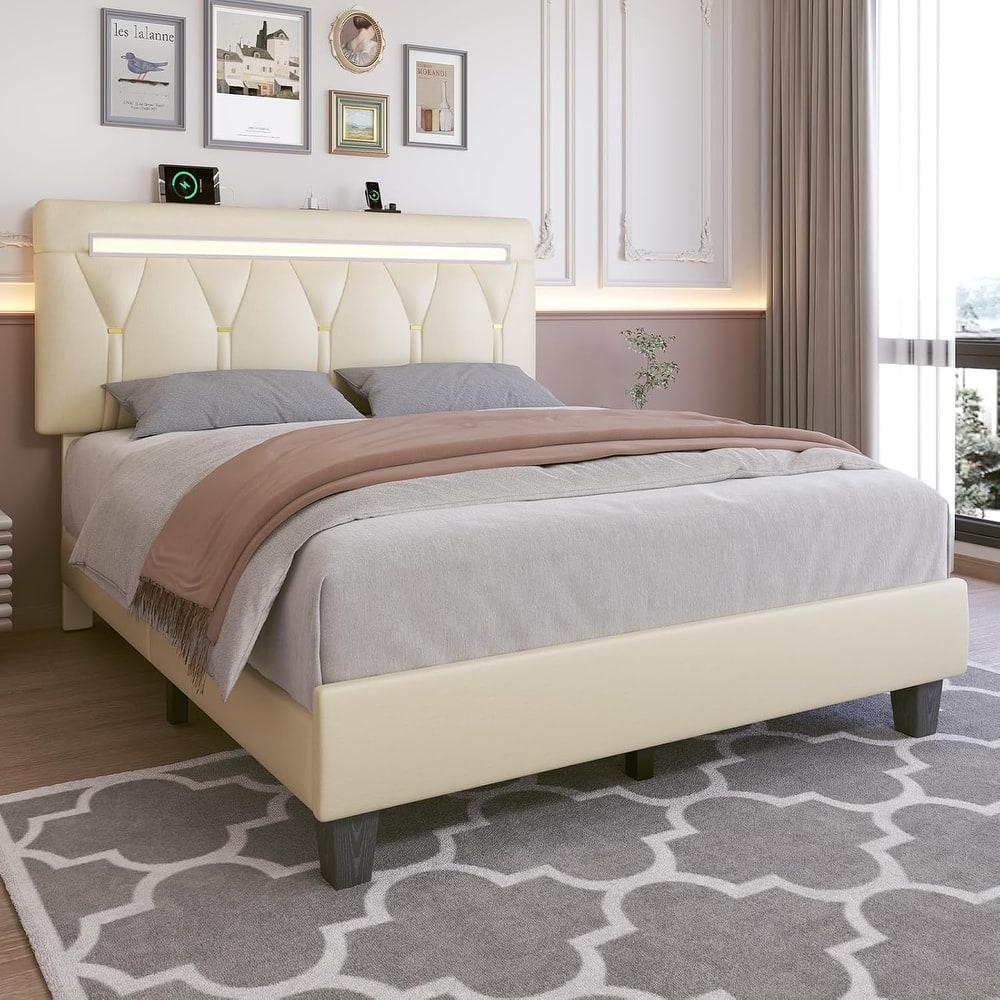 Platform Upholstered Bed Frame with LED Light and Charging Station Adjustable Headboard Wooden Slat Support No Box Spring Needed