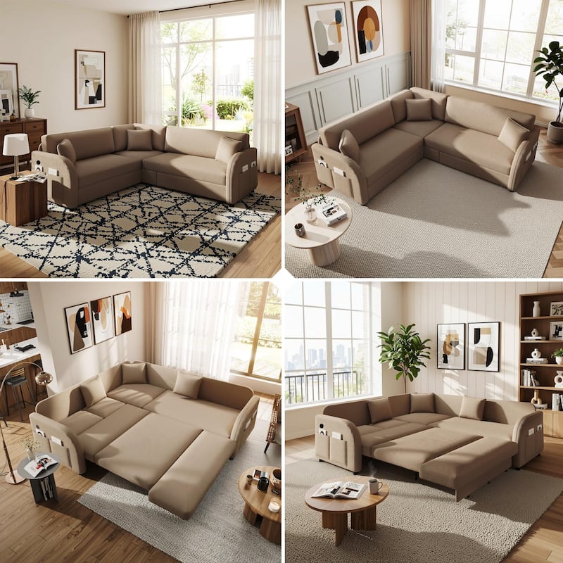 Homy Casa 85"/115" L-Shaped Sectional Sofa Bed USB & Side Pocket, Teddy Fabric Pull-Out Sleeper, Reversible Chaise, Multi Colors