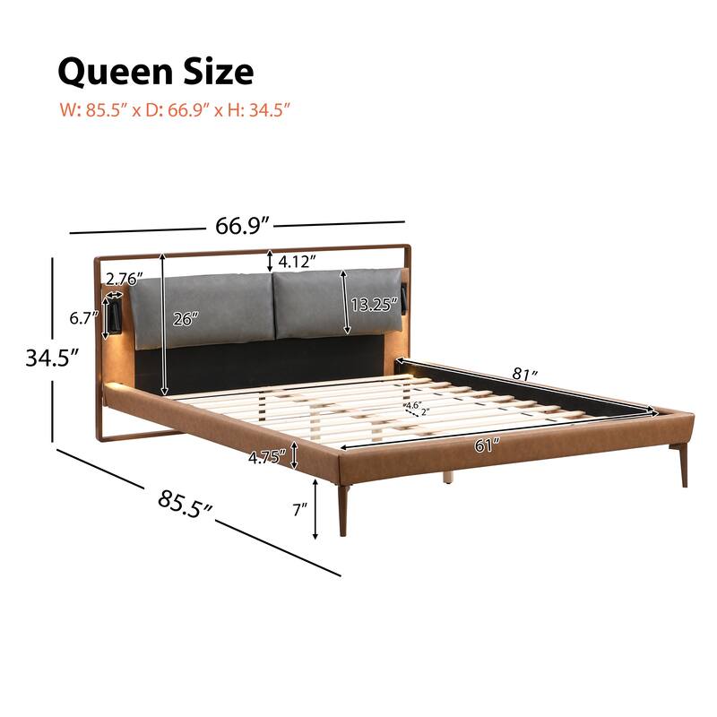 Roomfitters Faux Leather Platform Bed Frame with Integrated Reading Lamps and Wood Slats, Brown and Grey
