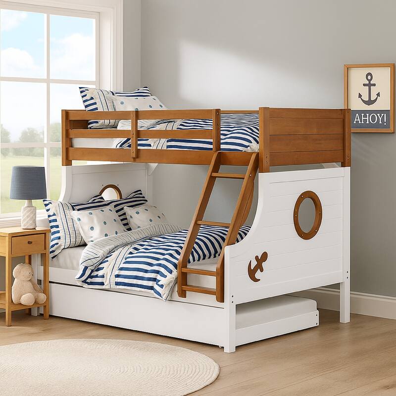 Nexo Twin over Full Bunk Bed, Nautical Accents in White & Oak Brown