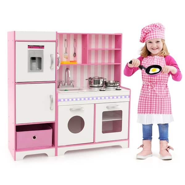 slide 2 of 10, Gymax Kids Kitchen Playset Wooden Toy with Adjustable LED Lights & White + Pink