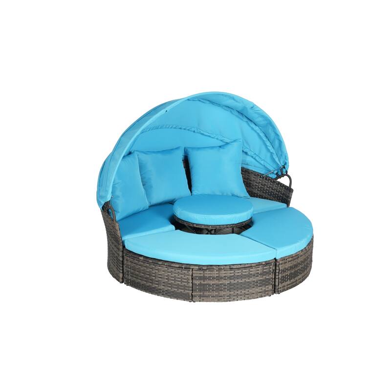 5-Piece Round Wicker Patio Daybed Set with Retractable Canopy, Cushioned Sofa and Ottomans, Hidden Coffee Table
