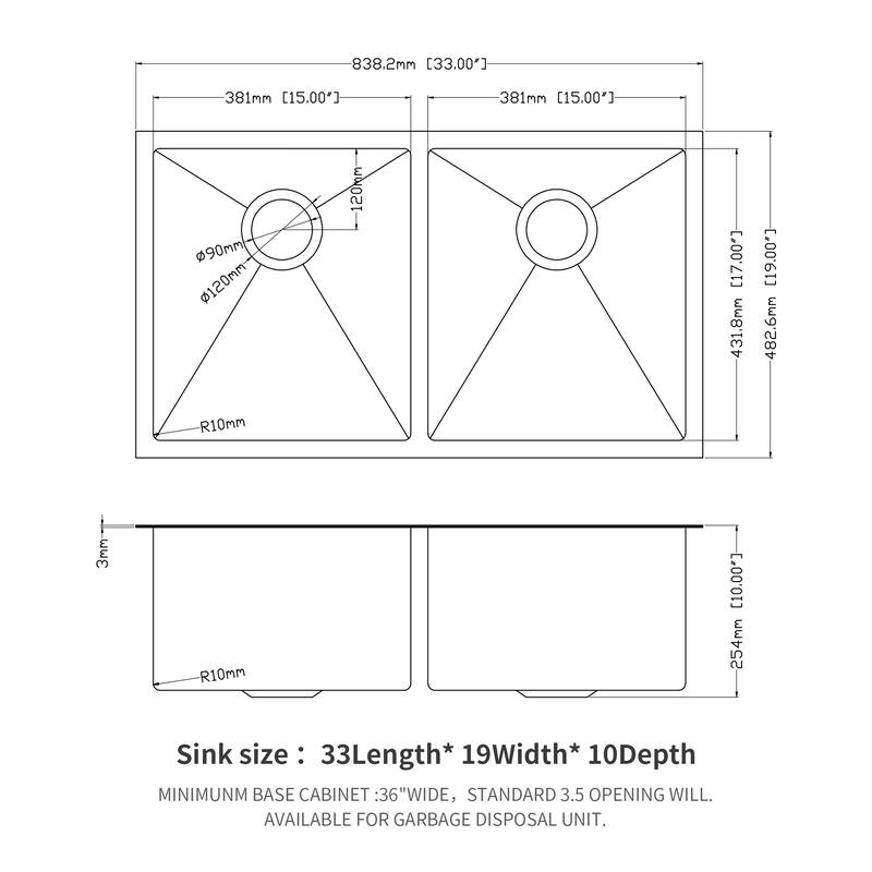 Undermount Double Bowl(50/50) Kitchen Sink 16 Gauge with Two 10" Deep Basin
