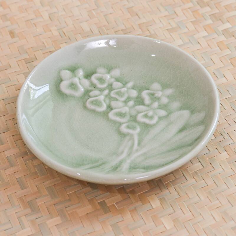 Novica Handmade Orchid Bouquet Celadon Ceramic Dessert Plate