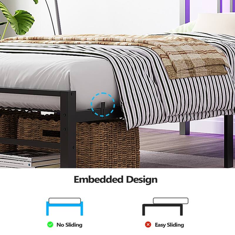 Twin Metal Platform Bed Frame with Storage Headboard,LED Lights,Charging Station,Wooden Storage Shelf,Underbed Storage Space