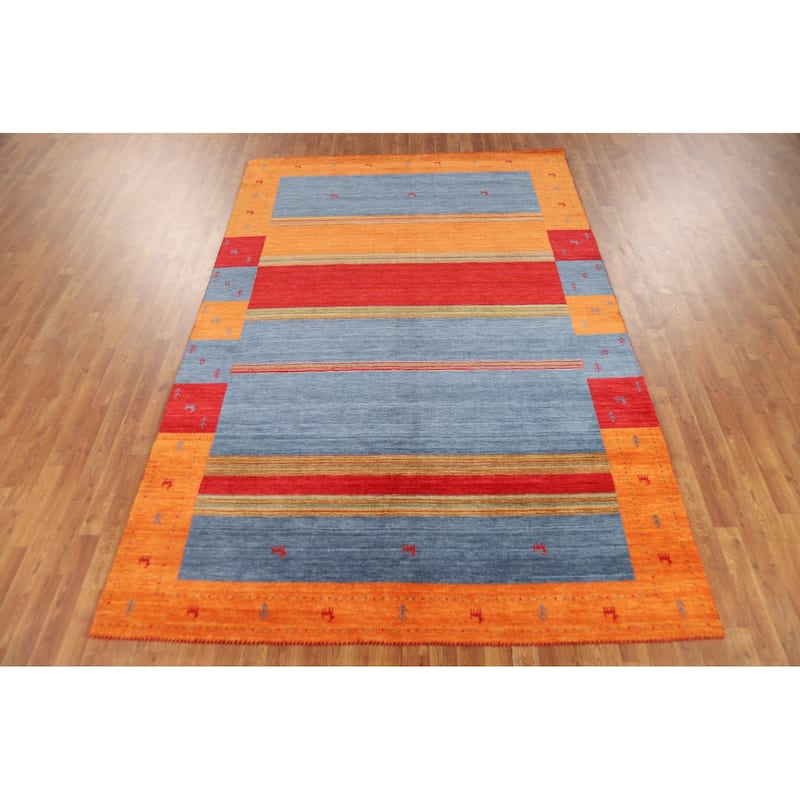 Striped Gabbeh Indian Rug Hand-Knotted Wool Carpet - 6'7"x 9'9"