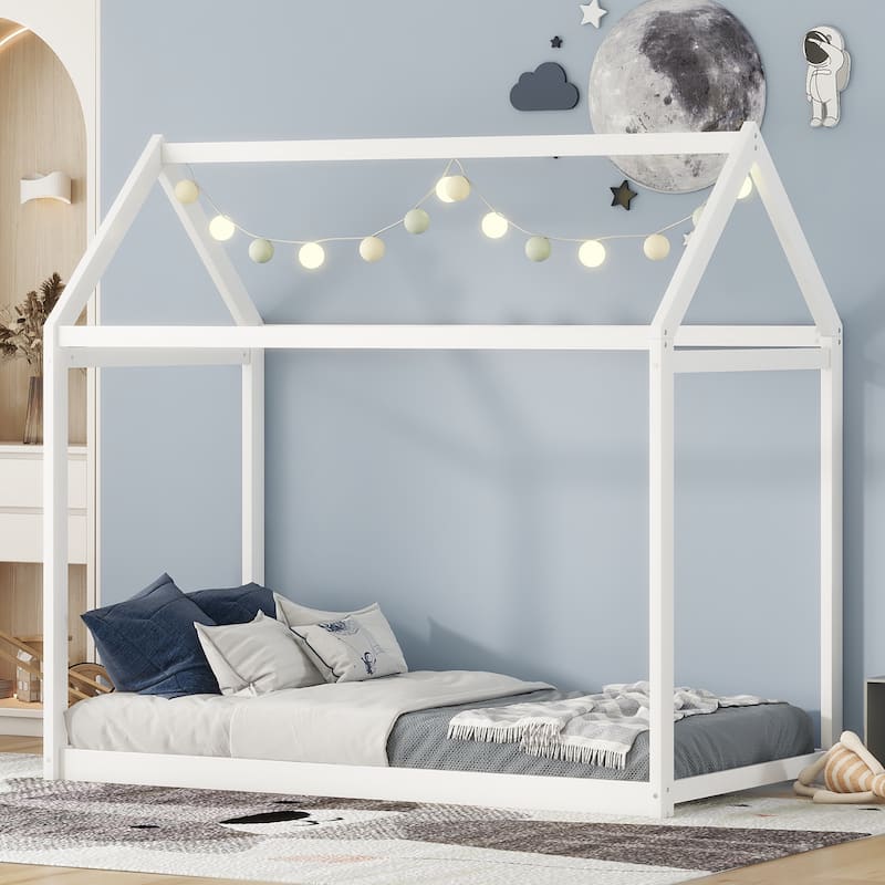 Solid Pinewood Twin Size House Shaped Floor Bed Frame with Roof Design